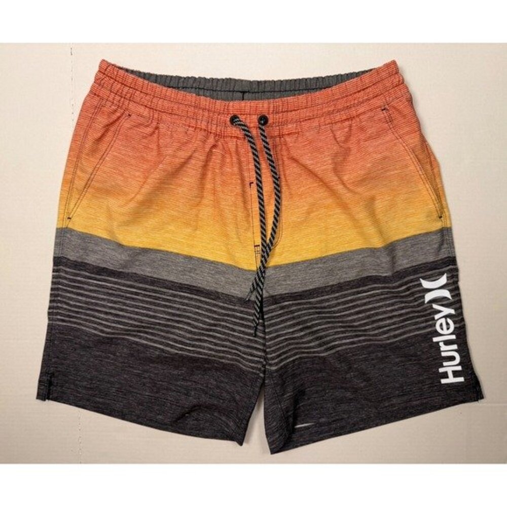 Hurley Swim Trunks Large Orange Grey Striped Ombre Board Shorts Mens Stretch 7in